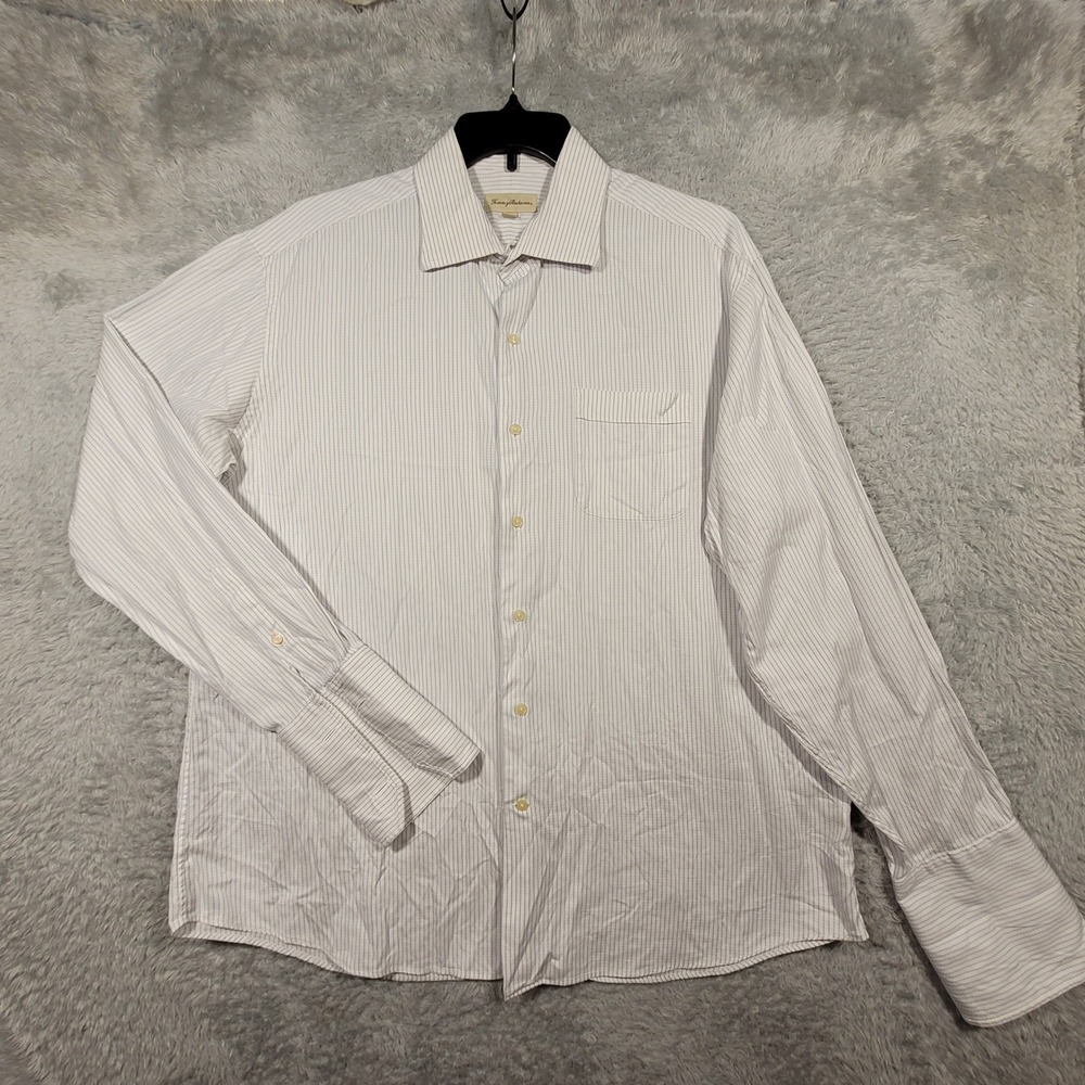 Tommy Bahama Button Down Mens 17.5 36-37 White Blue Pinstripe French Cuff Shirt